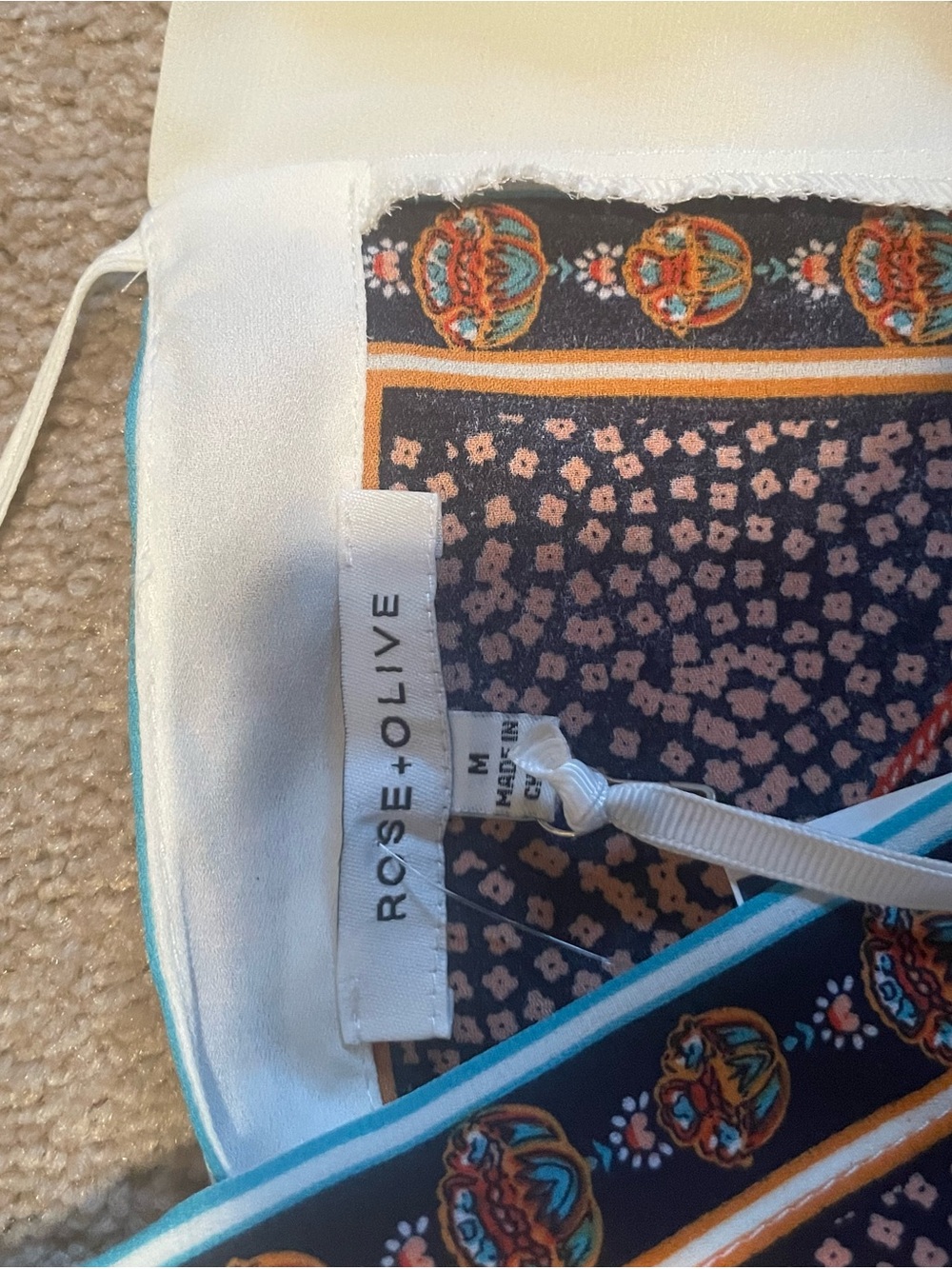 Rose & Olive Navy Patterned Silk Scarf shirt with Teal Edge